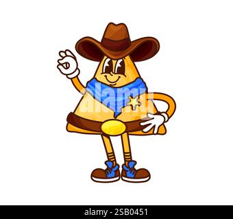 Dessin animé groovy mexicain nachos chips caractère cow-boy dans le chapeau shérif avec foulard de cou, écusson étoile, baskets rétro et ceinture en cuir, montrant le signe OK. Vector tex mex snack ranger y2k fast food personnage Illustration de Vecteur