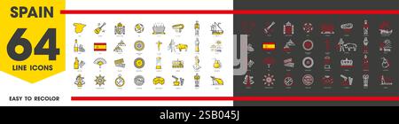 Icônes de repère et de ligne de voyage en Espagne. Carte espagnole vectorielle, drapeau, nourriture et vin, bâtiment du stade de Barcelone, flamenco, panneaux de contour corrida corrida. Fan, guitare et jamon, icônes de ligne touristique Espagne Illustration de Vecteur