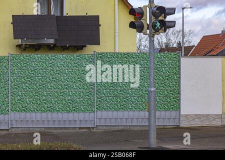 Clôture en plastique dans le regard de feuille sur une maison individuelle. Centrale électrique à balcon. Stuttgart, Bade-Wuerttemberg, Allemagne, Europe Banque D'Images
