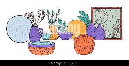 Vases en céramique et bols avec plantes décoration décoration décoration couleurs pastel feuilles abstraites encadrées art Illustration de Vecteur