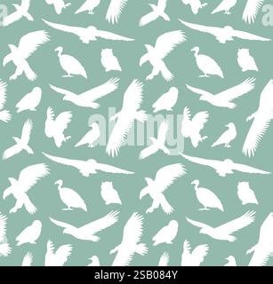 Modèle sans couture de vecteur de silhouette blanche dessinée à la main d'oiseaux de prédateur sauvage isolé sur fond vert menthe Illustration de Vecteur