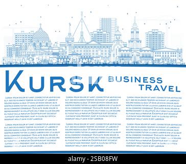 Esquissez l'horizon de la ville de Kursk Russie avec des bâtiments bleus et un espace de copie. Illustration vectorielle. Paysage urbain de Koursk avec des points de repère. Illustration de Vecteur
