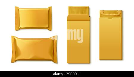 Collection de maquettes de barres de chocolat d'emballages dorés - sachets de collation vides de différentes tailles, récipients rectangulaires verticaux, emballages en aluminium scellés avec bords texturés. Modèle de marquage de confiserie. Illustration de Vecteur