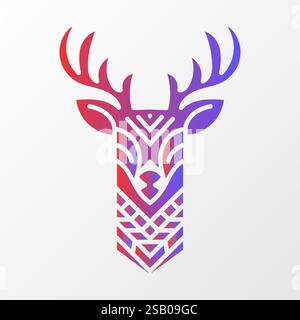 Illustration stylisée de tête de cerf avec des motifs géométriques, avec un dégradé rouge et violet sur un fond blanc pour un attrait moderne. Illustration de Vecteur