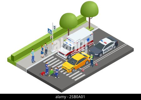Accident de voiture isométrique. Une voiture jaune impliquée dans un accident à un passage pour piétons. Des ambulances et des policiers sont sur place, avec des ambulanciers paramédicaux qui s'occupent de an Illustration de Vecteur