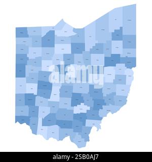 Ohio, OH - carte politique détaillée de l'état américain. Carte administrative divisée en comtés. Carte bleue avec étiquettes de nom de comté. Illustration vectorielle Illustration de Vecteur