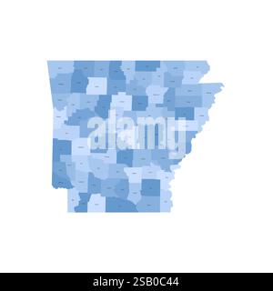 Arkansas, AR - carte politique détaillée de l'état américain. Carte administrative divisée en comtés. Carte bleue avec étiquettes de nom de comté. Illustration vectorielle Illustration de Vecteur