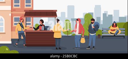 Des bénévoles servant des repas chauds d'un étal alimentaire aux sans-abri et aux personnes à faible revenu qui font la queue dans un parc urbain animé, favorisant ainsi le sup communautaire Illustration de Vecteur