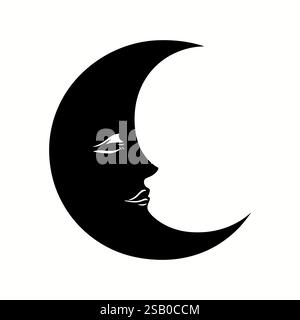 Icône de visage de croissant noir isolé sur fond blanc. Silhouette lune avec visage de femme. Conception vectorielle de logo ésotérique, impression boho chic Illustration de Vecteur