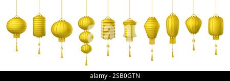 Lanternes asiatiques traditionnelles de fines icônes de couleur de papier jaune définies. Anciennes lampes décoratives chinoises avec pompons objets 3d paquet sur blanc Illustration de Vecteur