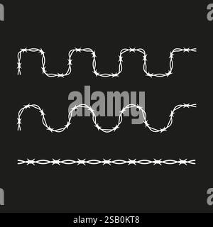 Motif de fil barbelé. Brins blancs ondulés. Fond noir foncé. Symbole de bordure vectorielle. Illustration de Vecteur