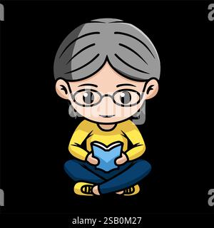 Personnage mascotte chibi Bookworm lisant un livre, assis jambes croisées sur fond noir Illustration de Vecteur
