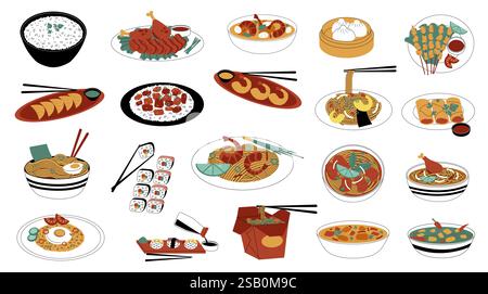 Plats asiatiques comprenant ramen, sushis, petits pains, riz, poulet et crevettes servis dans des assiettes, bols et boîtes à emporter, dessin représentant Japane Illustration de Vecteur