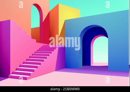 Design abstrait vibrant avec des escaliers, des arches et des formes géométriques audacieuses dans des couleurs vives Illustration de Vecteur