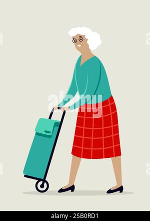 Vieille femme poussant le sac d'épicerie. Caractère vectoriel plat Illustration de Vecteur