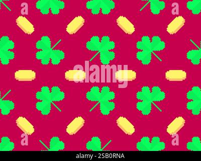 Motif sans couture de feuilles de trèfle pixel et de pièces dorées pour la fête de Patrick. Shamrock pixel art dans un style rétro 8 bits des années 80 - 90s. Conception pour bannière Illustration de Vecteur