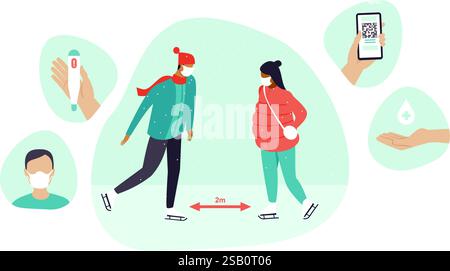 Mesures de sécurité antivirale dans les lieux publics. Patinoire extérieure. Ensemble simple de protection COVID-19. Conseils mesures de protection, prévention du coronavirus, Illustration de Vecteur