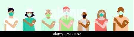 Groupe d'âge ethniquement diversifié et mixte de personnes montrant leurs épaules avec des bandelettes après avoir reçu un vaccin. Ensemble de caractères multiraciaux. Thé Illustration de Vecteur