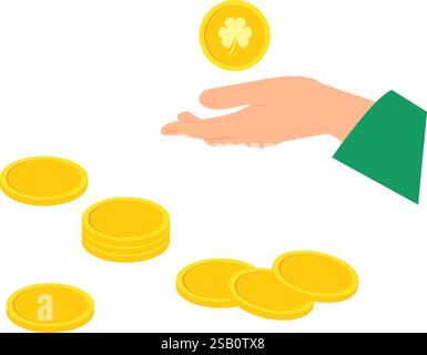 Main portant la manche verte tenant la pièce d'or avec l'image Shamrock sur le fond des pièces d'or dispersées. Illustration vectorielle avec backgro transparent Illustration de Vecteur