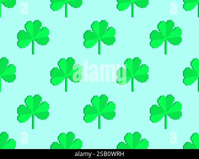 Motif sans couture avec feuilles de trèfle vert dans le style pixel art et 3d pour la fête de Patrick. Pixel art Shamrock dans le style des graphiques rétro 8 bits de Illustration de Vecteur