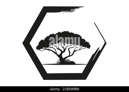 Silhouette d'icône d'arbre d'acacia. Logo Africain, nature, plante exotique pour impression, design ou numérique Symbole noir isolé sur fond blanc Illustration de Vecteur