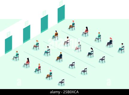 Les gens font la queue dans de longues files d’attente en attendant l’injection du vaccin COVID-19. Point d'immunisation. Zone de vaccination. Illustration vectorielle conceptuelle pour c Illustration de Vecteur