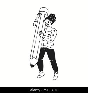 Femme souriante note des pensées avec une grande icône linéaire de crayon. Femme aime le processus d'écriture doodle caractère doodle illustration de ligne mince Illustration de Vecteur