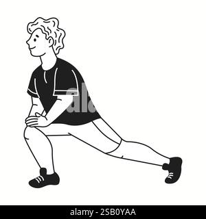 Jeune sportif en short étire jambes linéaire icône. Homme souriant effectue un exercice de fitness Doodle personnage Doodle illustration de ligne mince Illustration de Vecteur