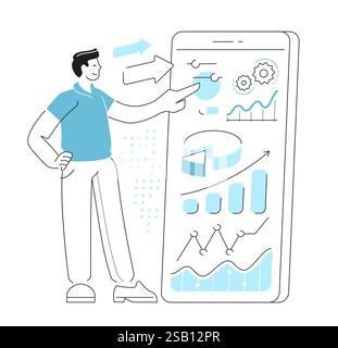 Application mobile pour la recherche et l'analyse de données. Gestion d'investissements financiers en ligne. Business, concept bancaire Illustration de Vecteur