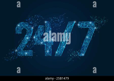 Image bleue isolée abstraite du panneau de signalisation 24 7 heures d'ouverture. Polygonal faible poly illustration filaire ressemble à des étoiles dans le ciel nocturne noir dedans Illustration de Vecteur