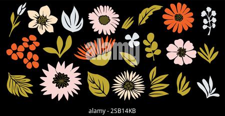 Ensemble d'icônes colorées vectorielles de fleurs et de feuilles. Illustration de Vecteur