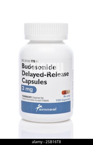 IRVINE, CALIFORNIE - 31 janvier 2025 : un flacon de Budésonide capsules à libération retardée. Banque D'Images