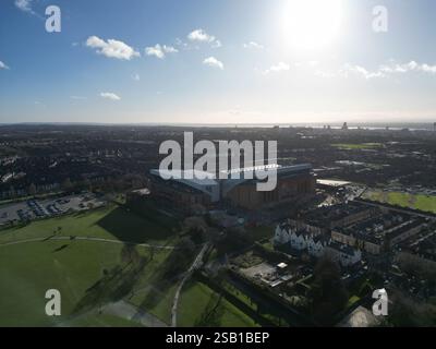 Vue aérienne d'Anfield, stade du Liverpool FC au Royaume-Uni Banque D'Images