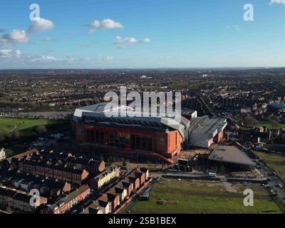 Vue aérienne d'Anfield, stade du Liverpool FC au Royaume-Uni Banque D'Images