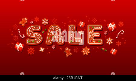 Bannière de vente de Noël avec des lettres en forme de pain d'épices. Modèle d'en-tête de campagne de Noël avec des éléments festifs. Affiche promotionnelle ou bannière Web. vecto plat Illustration de Vecteur