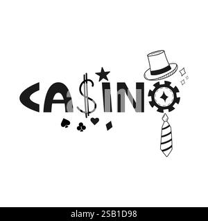 Mot de casino stylisé avec des éléments sur le thème du jeu. Illustration vectorielle. Signe dollar, jeton de poker, chapeau haut de gamme, cravate, costumes de cartes. Jeux, Paris, luxe en Illustration de Vecteur