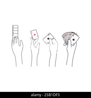 Mains tenant et interagissant avec des cartes à jouer. Illustration vectorielle minimaliste. Poker, Blackjack, jeux de cartes. Casino, concept de jeu. Illustration de Vecteur