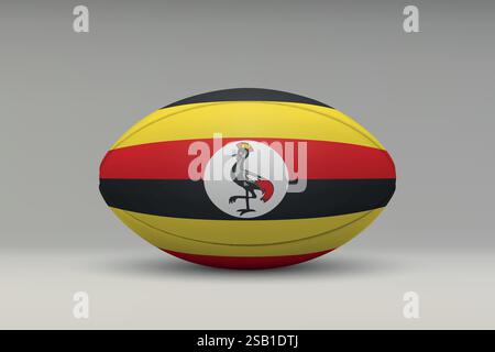 Ballon de rugby ougandais avec le motif du drapeau national sur un fond gris Illustration de Vecteur