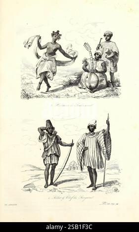 Voyage pittoresque en Asie et en Afrique, Paris, Furne, 1839, Africa, Asie, découverte et exploration, Description et voyages, voyages et voyages, découvertes en géographie, L'illustration présente trois scènes distinctes représentant diverses figures culturelles. Dans le segment supérieur, un individu vêtu d'une tenue traditionnelle danse gracieusement, mettant en valeur ses vêtements vibrants et son mouvement expressif, tandis qu'une autre personne joue d'un instrument de musique, contribuant à l'atmosphère festive. Le deuxième segment présente deux individus engagés dans la conversation, tous deux ornés de vêtements traditionnels t Banque D'Images