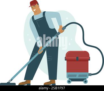 Homme en uniforme avec un aspirateur. Le concierge passe l'aspirateur sur le sol de la maison. Service de nettoyage professionnel. Illustration vectorielle de style plat Illustration de Vecteur
