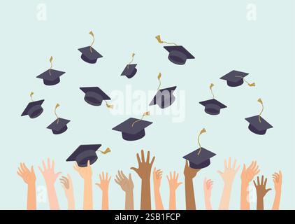 Mains de gens multiraciaux jetant des chapeaux de graduation en l'air. Étudiants diplômés. Célébrez la fin de l'école, du collège ou de l'université Illustration de Vecteur