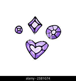 Pierres précieuses violettes ludiques de différentes formes. Idéal pour les bijoux, les conceptions sur le thème de l'amour, ou la décoration fantaisiste Illustration de Vecteur