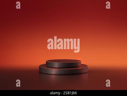 Podium noir 3D avec une bande métallique placée sur un fond dégradé rouge. Idéal pour les maquettes de produits, le branding et la publicité, créant un et moderne Illustration de Vecteur