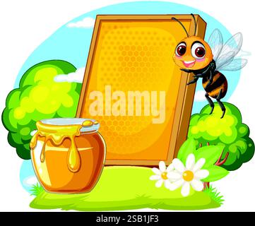 Une abeille joyeuse près de nid d'abeille et pot de miel Illustration de Vecteur