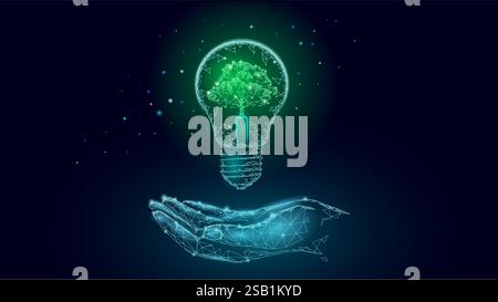 Main ampoule arbre vert. Design low poly effet brillant. Innovation technologique éco-énergétique. Art numérique abstrait de style futuriste Illustration de Vecteur