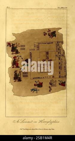 Recherches concernant les institutions et monuments des anciens habitants d'Amérique, Londres, publié par Longman, Hurst, Rees, Orme & Brown, J. Murray & H. Colburn, 1814. Andes, Antiquités, Description et voyages, Indiens du Mexique, Indiens d'Amérique du Sud, Mexique, Pérou, l'illustration présente une carte détaillée représentant une colonie, caractérisée par diverses structures architecturales et symboles. Autour de la zone principale se trouvent des représentations de personnes engagées dans diverses activités, représentant probablement des aspects de la vie quotidienne ou des pratiques culturelles. La mise en page comprend un espace clairement défini Banque D'Images
