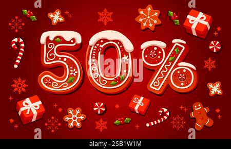 Bannière de vente de Noël avec biscuits en pain d'épices décorés. Conception de promotion d'hiver avec motif festif sur le fond. Symboles de vacances de Noël sn Illustration de Vecteur