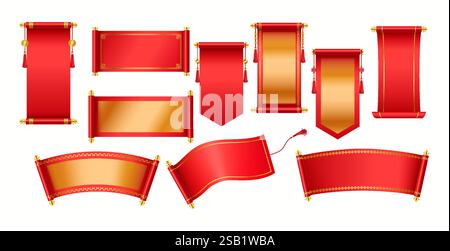 Mockup Chinois défile pour l'ensemble d'icônes de couleur réaliste du nouvel an. Manuscrits asiatiques rouges et dorés avec meilleurs voeux objets 3d paquet sur blanc Illustration de Vecteur