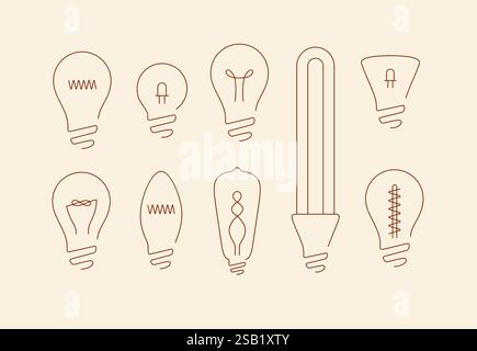 Les icônes de lampe définissent le dessin dans le style de ligne plate sur fond beige. Illustration de Vecteur