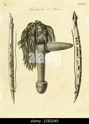 Zoologie arctique, Londres, imprimé par Henry Hughs, 1784-1785, animaux, régions arctiques, oiseaux, Amérique du Nord, zoologie, Arctique, l'illustration présente un tomahawk et un arc uniques, caractérisés par leurs dessins distincts. Le tomahawk présente une tête arrondie avec des détails complexes, accompagné de mèches ressemblant à des cheveux, ajoutant un flair artistique. Flanquant le tomahawk sont deux arcs élégamment travaillés qui affichent de fines gravures sur leur longueur. Chaque arc présente une courbe gracieuse, indiquant à la fois la fonctionnalité et le savoir-faire. L'arrière-plan offre un contraste simple qui souligne l'intric Banque D'Images